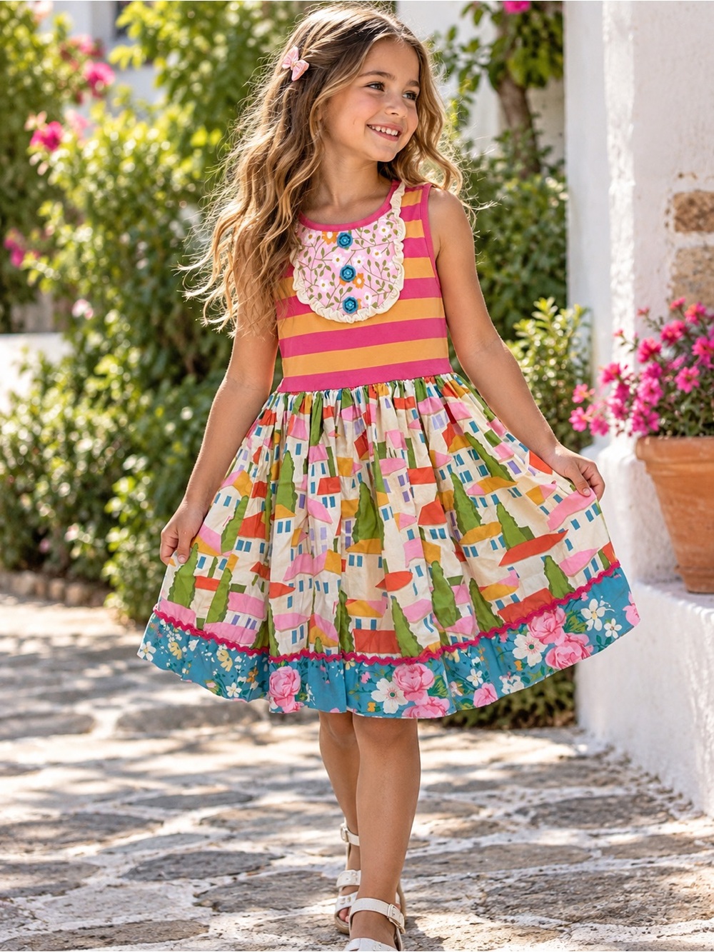 Matilda Jane Pink & Yellow Striped Dress with Colorful Village Print